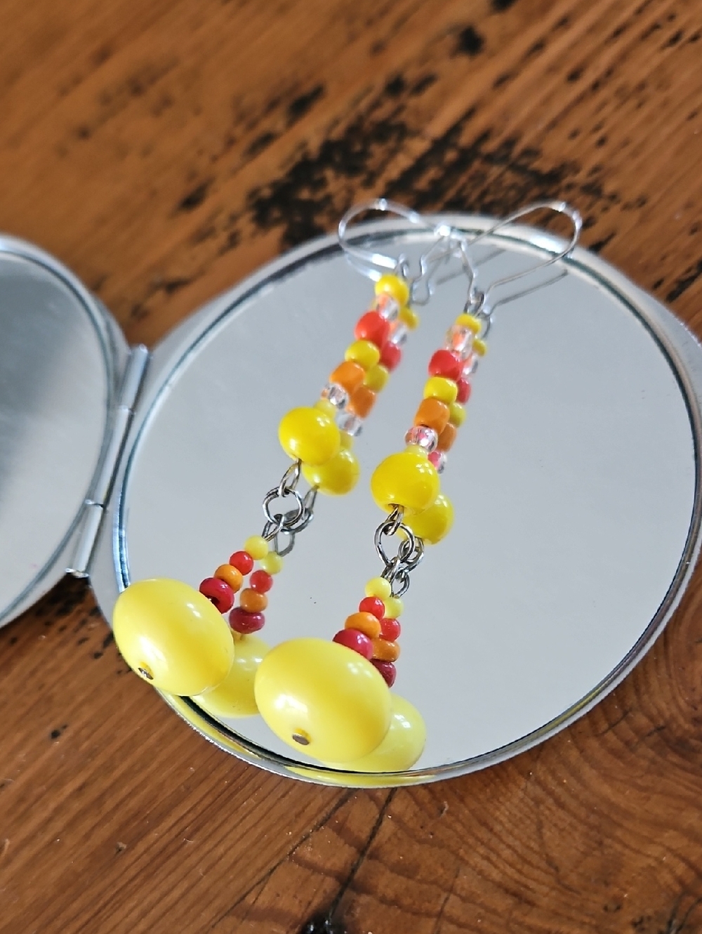 🕶️Hand Crafted Bright Yellow Beaded Drop Earrings with Red and Orange Accents